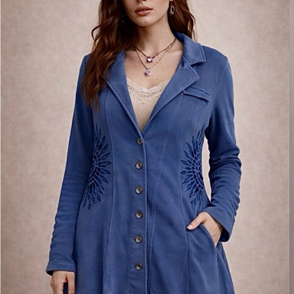 XCVI Navy Blue Embroidered Long Button Up Blazer Jacket Cotton XS
